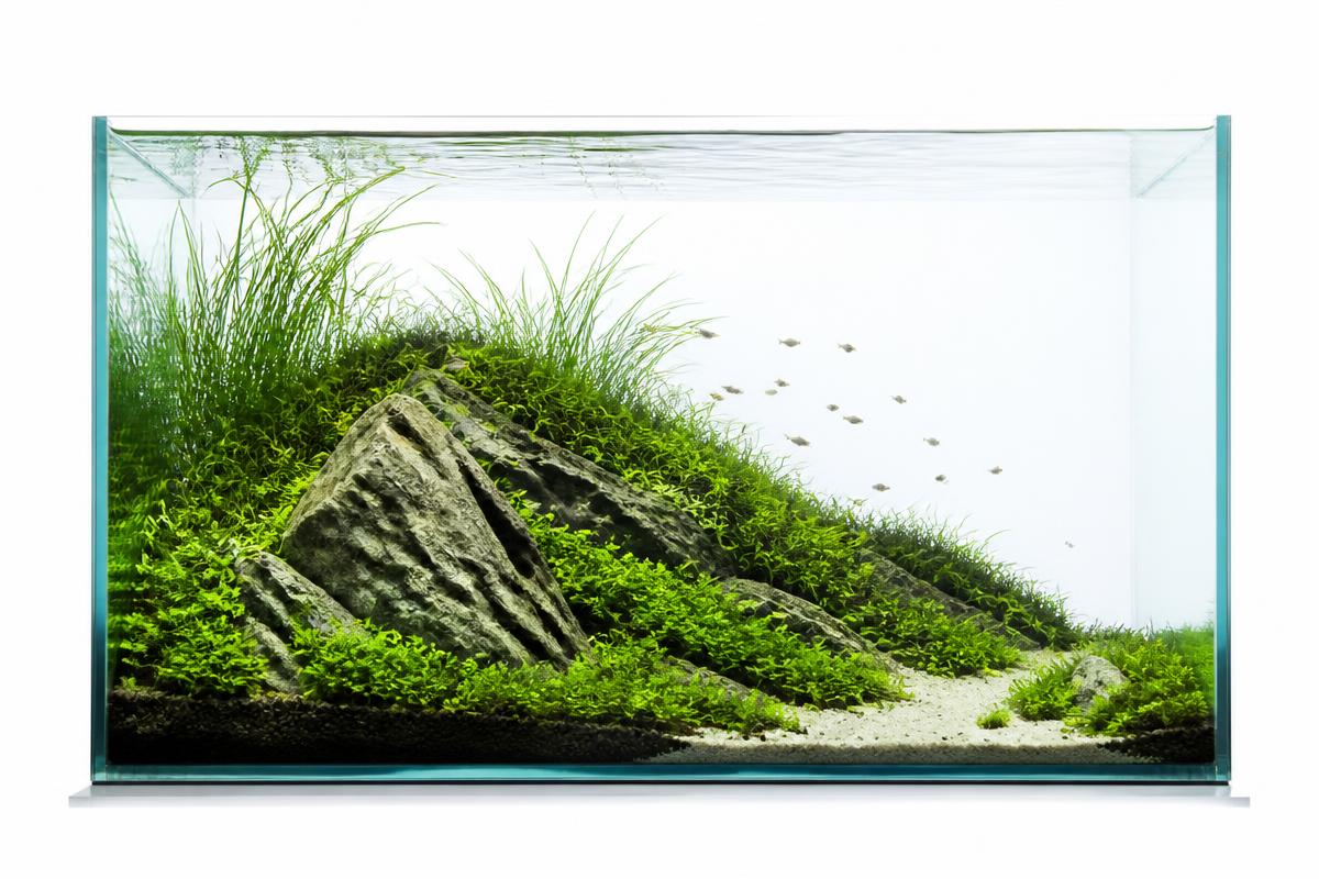 Aquário plantado elegante com plantas aquáticas e hardscape