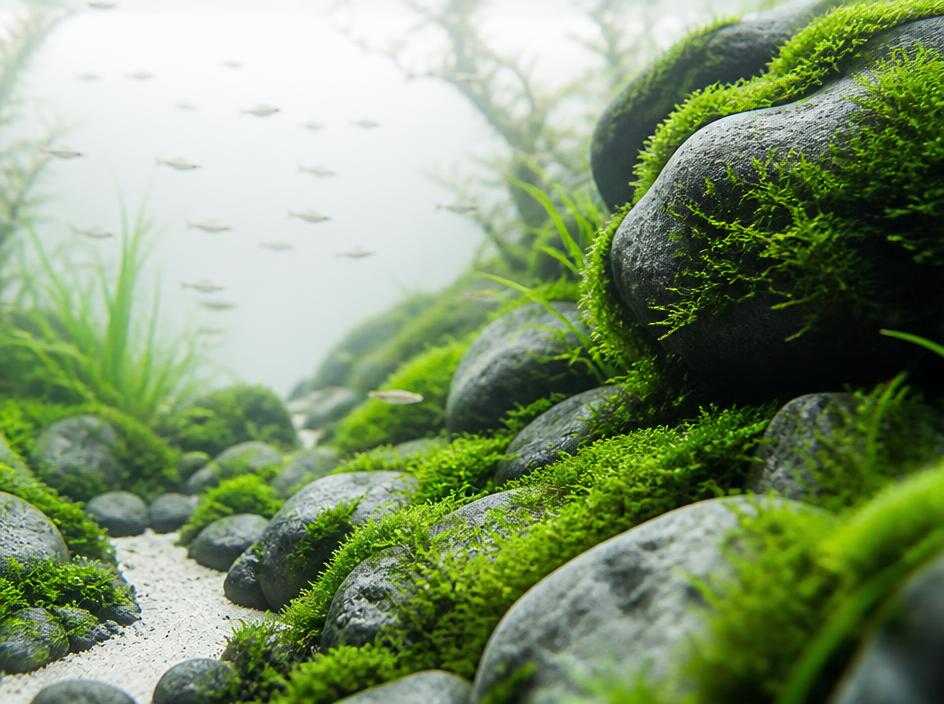 Detalhe de aquário natural com musgo e pedras